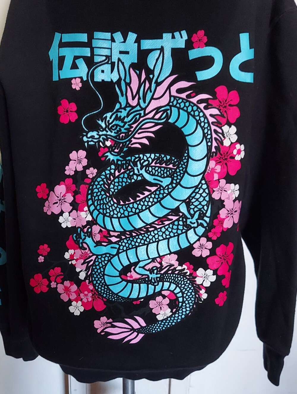 Blossom Dragon Lane Seven Graphic Unisex Black Hoodie W Design On Sleeves Size M